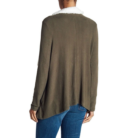 SUSINA Olive Green Faux Fur Trimmed Shawl Collar Draped Open Front Cardigan - Picture 3 of 12